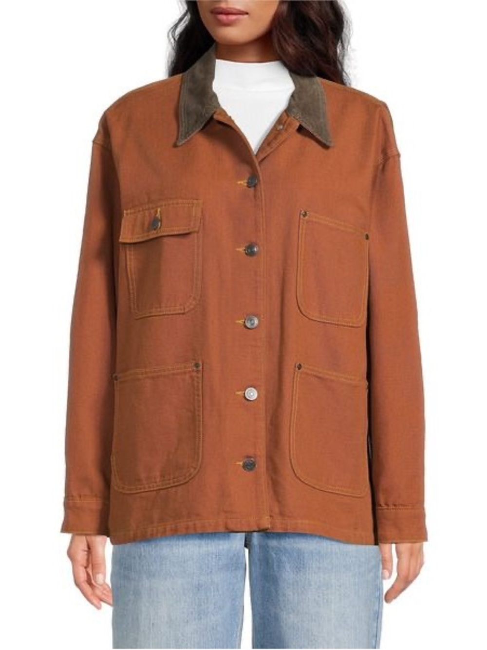 Gianni Bini Rose Suede Collared Canvas Barn Jacket Sz L Cognac